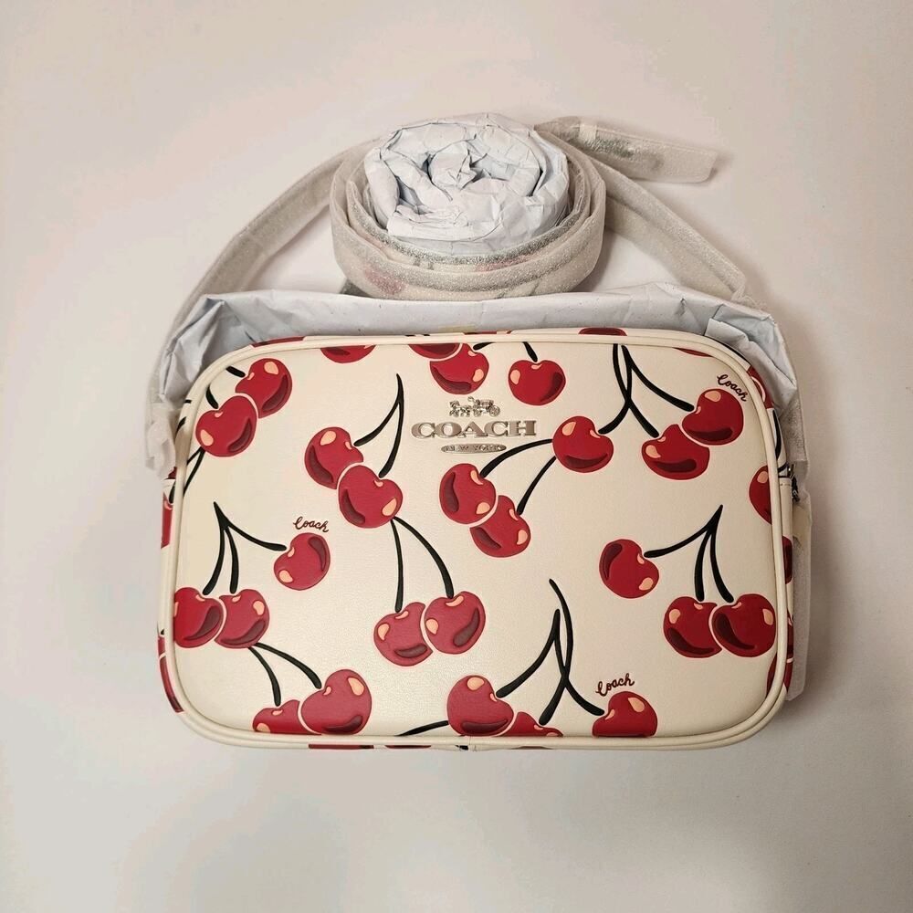 NWT COACH CZ189 Jamie Camera Bag With Cherry Print In Smooth Leather Chalk Multi
